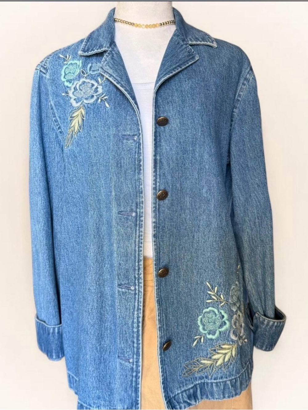 Vintage Embroidered Floral Denim Jacket Classic Elements Medium Wash L XL